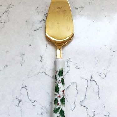 Vintage Christmas Pie or Cake Spatula Porcelain Holly Handle Gold Stainless Japan Mid Century, Antique Spatula for Party Table by LeChalet