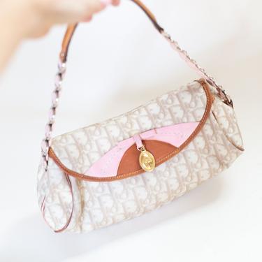 Christian Dior Rare Y2K Romantique Monogram Trotter Shoulder Bag with Logo Charm + Chain Strap + Bow Pink Taupe CD Girly 