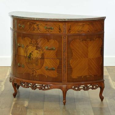 French Regency Demilune Buffet W Marquetry & Stone Top