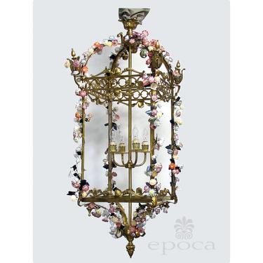 A Large French Louis XVI Style Bronze Doré 4-light Lantern with applied Porcelain Flowers