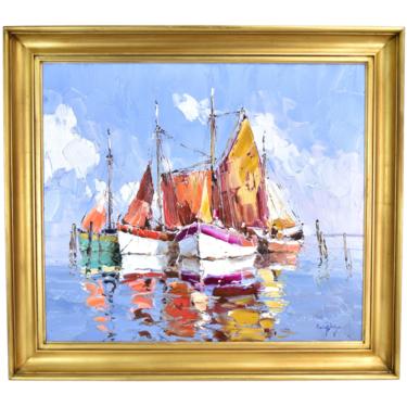Erich Paulsen “Boats at Anchor” Heavy Impasto Impressionist Oil Painting German 