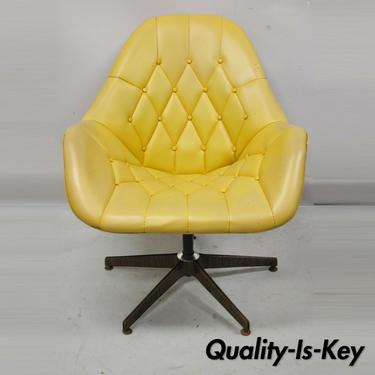 Mid Century Modern Yellow Tufted Naugahyde Swivel Butterfly Club Lounge Chair