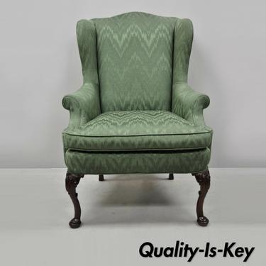 Vintage Queen Anne Style Green Upholstered Wingback Chair by Key City Furniture