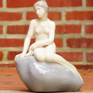 Vintage Signed Royal Copenhagen Edvard Eriksen Porcelain Little Mermaid Figurine Sculpture #4431, Nude Mermaid, Pastel Purple Glaze, 9&quot; Tall 