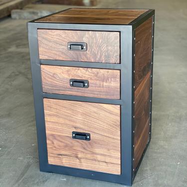 Walnut file cabinet. Hardwood desk storage. Black Walnut. Filing cabinet. 2 Drawer. 3 Drawer. Modern. Office. Wood and steel. 