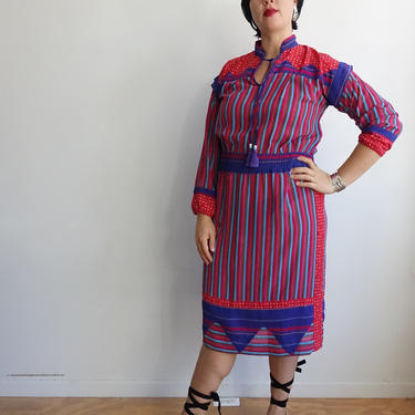 Vintage 70s Diane Freis Georgette Dress/1980s Boho Peasant Dress with Tassels and Smocking/ Bright Print/ Large 