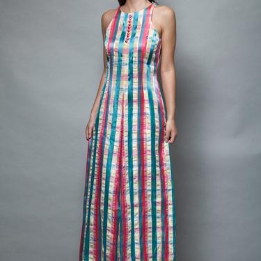 sleeveless halter maxi dress vintage 70s striped plaid pink blue satin shiny S SMALL 