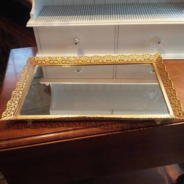 VINTAGE Large Mirrored Brass Vanity Tray// Large Hollywood Regency Gold Filigree Vanity Tray// Gift for Her MCM Rectangle Brass Vanity Tray 