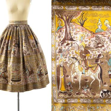 Vintage 1950s Skirt | 50s Persian Storybook Folklore Novelty Print Satiny Metallic Gold Full Swing Skirt (small) 