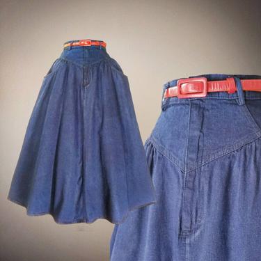 Vintage 90s Dark Blue Chambray Skirt, Medium / Calvin Klein Flared Midi Skirt / Navy Blue Cotton Peasant Skirt / Full Skirt with Pockets 