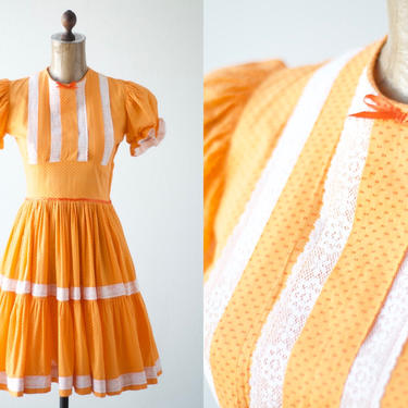 50s Vintage Tufted Cotton DOTTED SWISS DRESS, Bright Mango Orange &amp; Papaya Ribbon Lace Puff Sleeve Rockabilly Prairie Full Tier Circle Skirt 