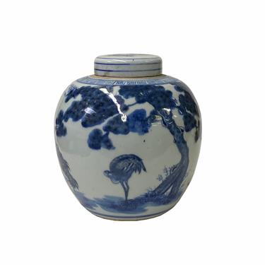 Hand-paint Longevity Cranes Graphic Blue White Porcelain Ginger Jar ws1748E 