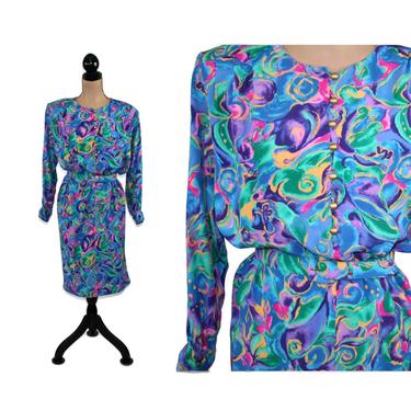 Shoulder Pad 80s Dress Medium, Colorful Long Sleeve Abstract Rayon Print, 1980s Clothes Women, Vintage Clothing Liz Claiborne Size 10 Petite 