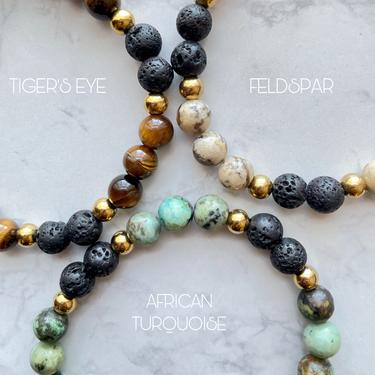 Grounded Energy 3 | Gemstones x Lava Beads | Elastic Stretch Bracelet | Mens Bracelet | Healing Energy Bracelet | Unisex Bracelet | Gift 