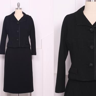 Vintage 1960's I Magnin &amp; Co. Black Wool Suit Set • 60's Designer Suit Set • Size L/XL 