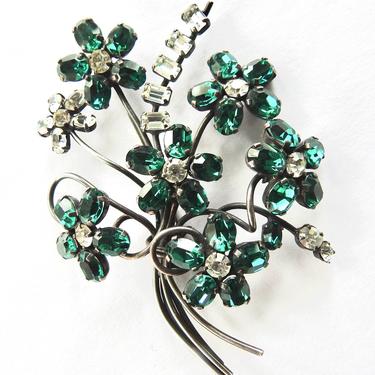 Green and Clear Crystal Silver Flower Brooch 
