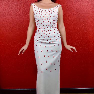 1950s White Crepe with Red Beads Hearts 