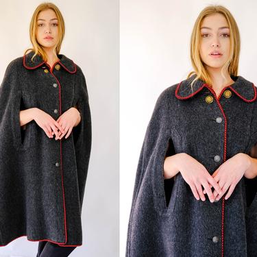 Vintage 60s 70s Dark Gray Wool Mohair Cape w/ Large Gold Crested Buttons & Red Trim | Made in Austria | 1960s 1970s Designer Winter Cape 