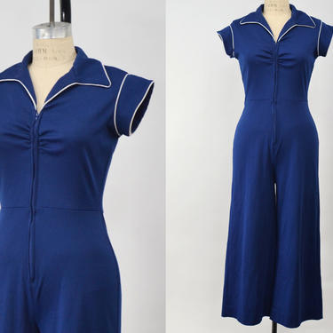 Vintage 1970s JCPenney Fashions Polyester Jumpsuit, 70s Roller Disco Jumpsuit, Vintage Blue & White, Disco Groovy, Size Medium, Waist 30&quot; by Mo