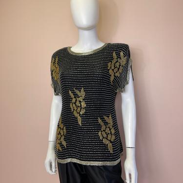Vtg 1980s black and gold beaded blouse 