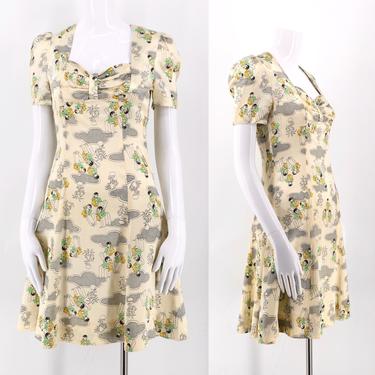 early 70s satin 20s Deco novelty print mini dress / vintage 1970s glam rock flirty summer dress sz S / 4 