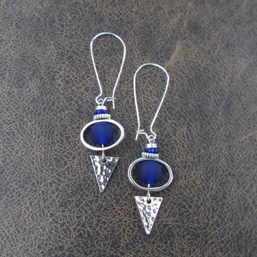 Royal blue sea glass earrings, boho chic earrings, tribal ethnic earrings, bold long silver earrings, unique artisan earrings, bohemian 