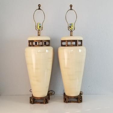 1980s Tall Postmodern Style Beige Ceramic Glaze and Metal Decorative Table Lamps - a Pair. 