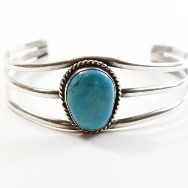 60's flawed turquoise sterling Southwestern rocker cuff, simple handmade 925 silver blue asymmetrical stone tribal bracelet 