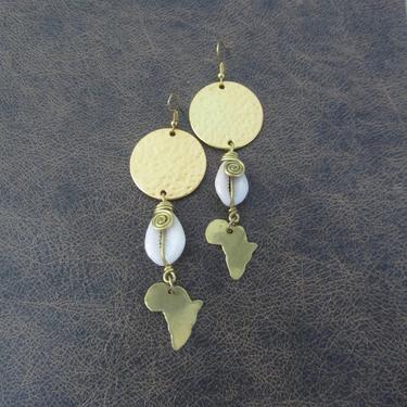 Cowrie shell earrings, gold geometric earrings, African earrings, mid century earrings, bold brass earrings, unique Afrocentric matte 