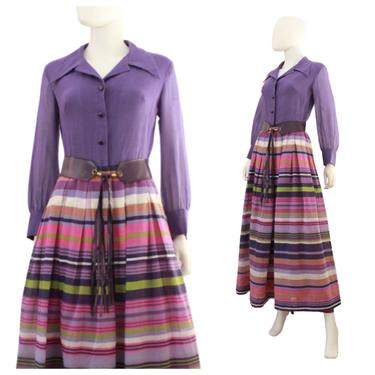 RESERVED|  Purple Rainbow Stripe Maxi Dress with Matching Belt - 1960s Purple Dress - 1960s Stripe Dress - Vintage Stripe Dress 
