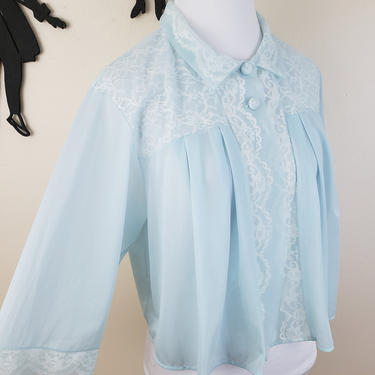 Vintage 1960's Blue Bed Jacket / 60s Lace Lounge Wear Lingerie L 