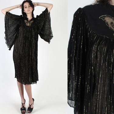 Black Angel Sleeve Gauze Dress / Thin Gold Metallic Threads Dress / Sheer Butterfly Chest / Vintage 80s Kimono Festival Grecian Mini Dress 
