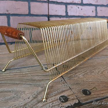 Mid Century MCM Brass Wire Record Holder with Wood Handles 