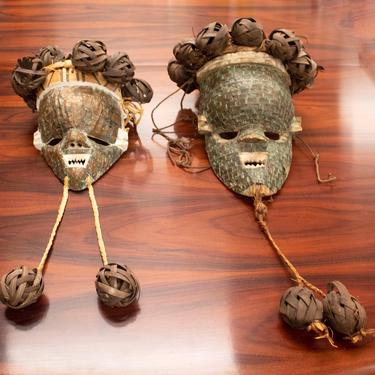 Pair of African Copper Woven & Wood Masks Antique Table Sculpture 