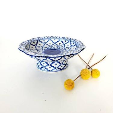 Vintage Blue & White Floral Chinoiserie Pedestal Dish 