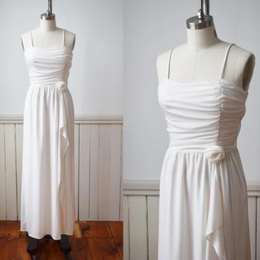 1970s Cream Knit Wrap Dress | XS | Vintage 1970s White Floor Length Gown with Spaghetti Straps, Wrap Skirt 