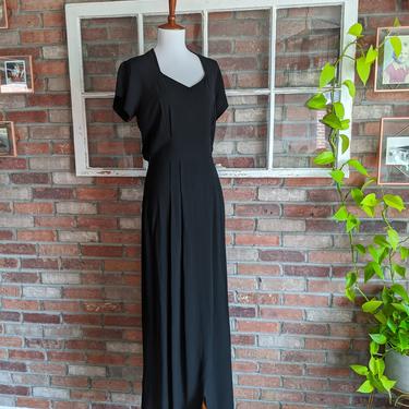 Vintage 1930's Long Black Crepe Short Sleeve Dress 