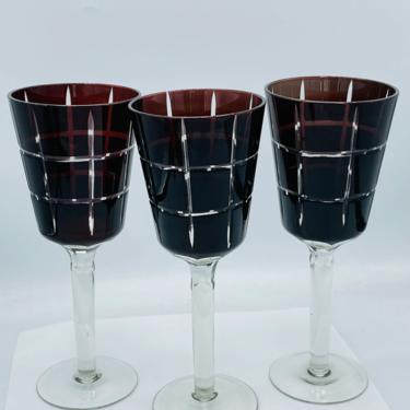 Set of (3) Ruby Red Etched Cut to Clear Wine Glass Goblets  Heavy Glass 