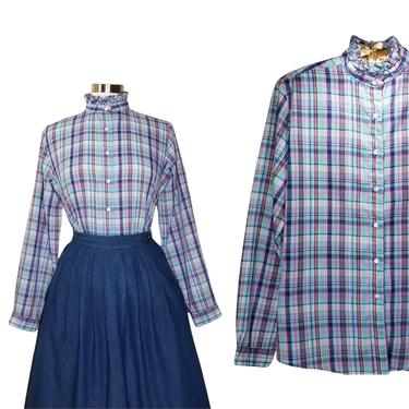 Vintage Ruffled Plaid Blouse, Medium / Blue Plaid Button Blouse / High Neck Blouse / Classic Long Sleeve Blouse / Country Plaid Button Shirt 
