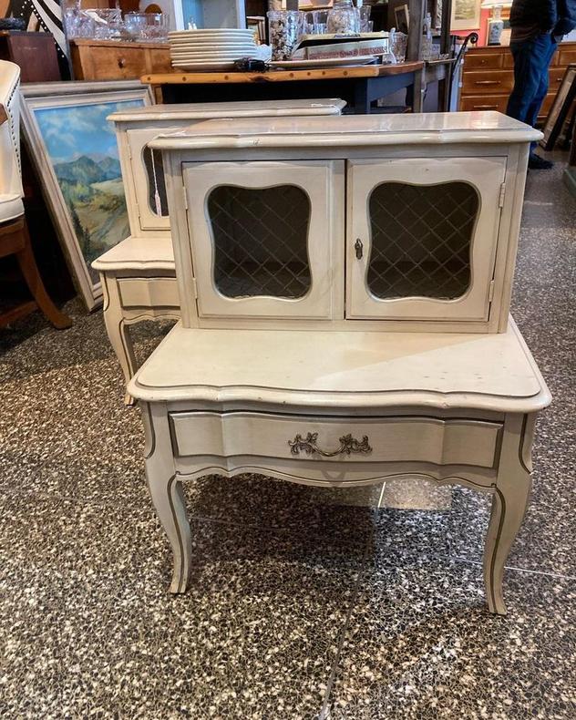 Two faux French step end nightstands.  2 available 22.5” x 23” x 27”