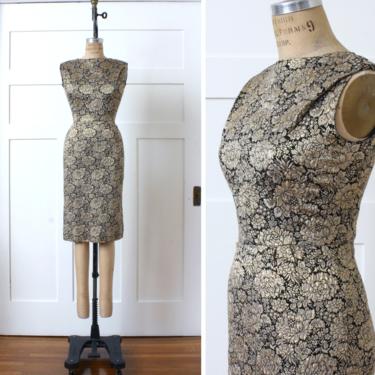 vintage early 1960s wiggle  dress • metallic gold black textured floral dress by R&K Originals 