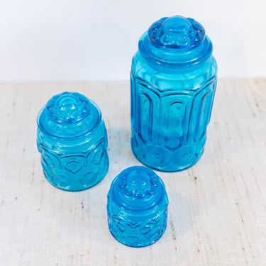 LE Smith Moon and Stars Blue Glass Canister Set of 3 