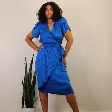 Vintage Silk Dress | 90s Silk Wrap Dress | Rose Print Dress | Blue Silk Dress | Puff Sleeve Silk Dress | Size 12 Medium Large 