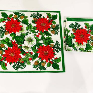Vintage Floral Poinsettia Cloth Napkins Set of 6 Flower Holiday Mid-Century Round Christmas Table Napkin Dining Kitchen Handmade White Red 