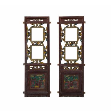 Pair Chinese Vintage Restored Wood Brown Flower Carving Wall Hanging Art ws1600E 