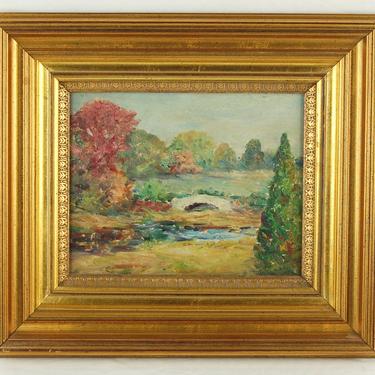 Antique Oil Painting of Rolling Landscape with Bridge over Stream 