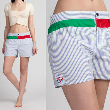 80s Striped Color Block Swim Shorts - Men's Small | Vintage Blue White Pinstripe Swimsuit Trunks 