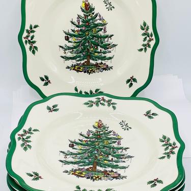 Spode China CHRISTMAS TREE Square Scalloped Salad Plates - Set of Four - Unused Condition 