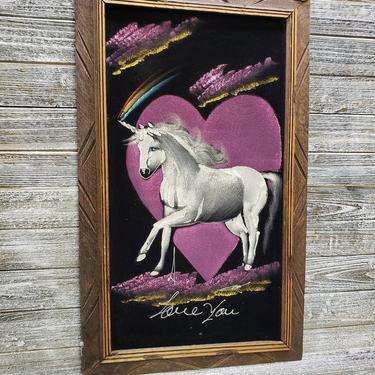 Vintage Black Velvet Painting, Magical Unicorn Art Painting, Purple Heart &amp; Mythical Unicorn Wall Hanging, Wood Frame, Vintage Home Decor 