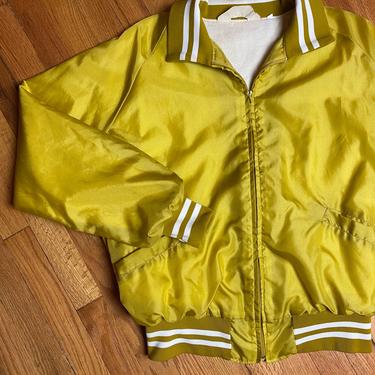 Vintage men’s racing jacket~ 70s athletic leisure ~hipster~ bomber coat~ gold & white~ size large 